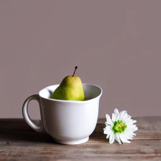 Image similar to bright white room showcasing ceramic mug surrounded by white flowers, green leaves, and pears, soft zen minimalist, white background, bright, crisp