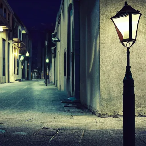 Prompt: lonely old lantern on empty modern street at night, photorealistic