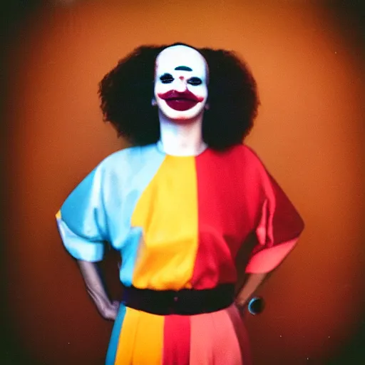 Image similar to a polaroid portrait of a beautiful woman wearing clown makeup, lit from behind, sunshine, golden hour, heavy film grain, color bleed