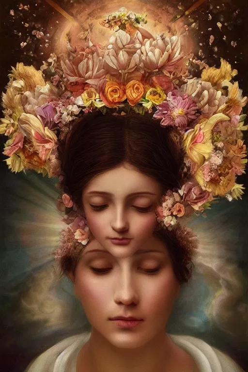 Image similar to the Divine Feminine, Beautiful, Flower Crown of the Gods, Woman, All Races, All Cultures, Female, Birth of creation, Mother Earth, Divinity, Hope, Ethereal, Renaissance Painting, Atmospheric Lighting, artstation trending