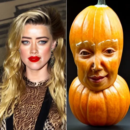 Image similar to a [ gourd ] carved shaped to look like ( amber heard face ) hybrid intercross