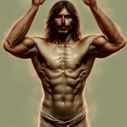 Image similar to portrait of forest god, male, clear face, masculine, upper body, muscular, fantasy, intricate, elegant, hairy torso, highly detailed, digital painting, artstation, concept art, matte, sharp focus, illustration, art by artgerm and greg rutkowski and alphonse mucha