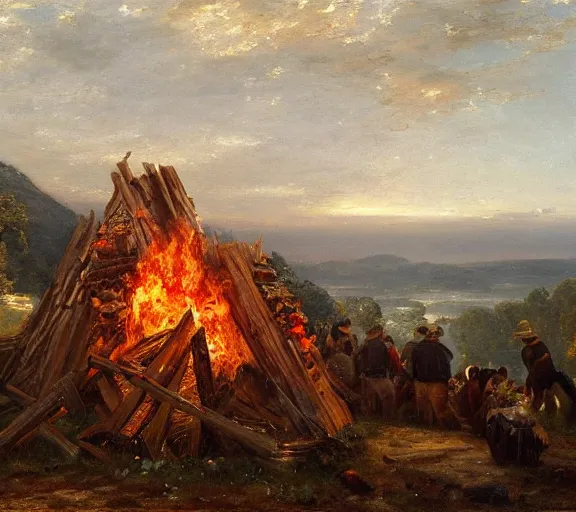 Prompt: landscape portrait of a funeral pyre with cash on it, by william sidney mount, trending on artstation