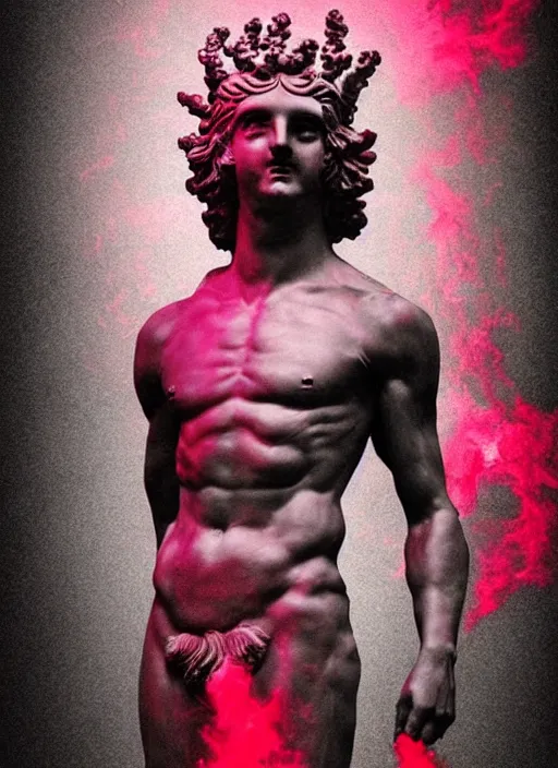 Image similar to dark design poster showing a statue of dionysus, mostly monochromatic, black background with very subtle red and purple design elements, powerful, nekro, vito acconci, thin straight lines, dark, glitch art, neo vaporwave, gritty, layout frame, square, trending on artstation