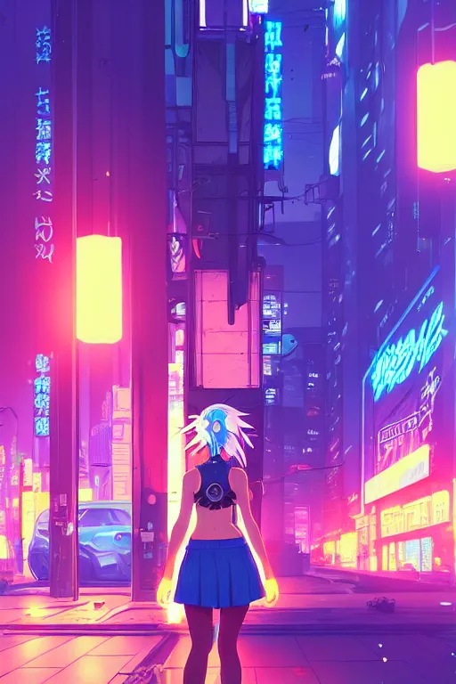 Image similar to digital illustration of cyberpunk pretty girl with blue hair, wearing a short mini skirt and tank top, with a cyberpunk dragon in city street at night, by makoto shinkai, ilya kuvshinov, lois van baarle, rossdraws, basquiat