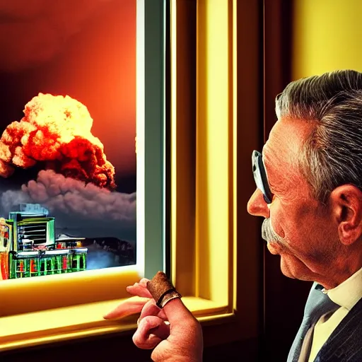 Prompt: Mr. House, realistic, highly detailed face, looks at the nuclear explosion, from the window of the Lucky 38 Casino and holder hand smokes a cigar; ultra HD, realistic, retro, 45mm, elegant,