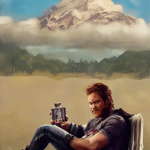 Prompt: the actor chris pratt sitting beside the doll chucky, disney land as backdrop, oil painting, by greg rutkowski