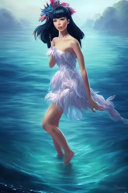 Image similar to a beautiful fashion goddness of love, chic strapless dress, tropical sea background, character design, in the style of artgerm, and wlop, cinematic lighting, hyperdetailed, 8 k realistic, symmetrical, global illumination, radiant light, frostbite 3 engine, cryengine, dof, trending on artstation, digital art