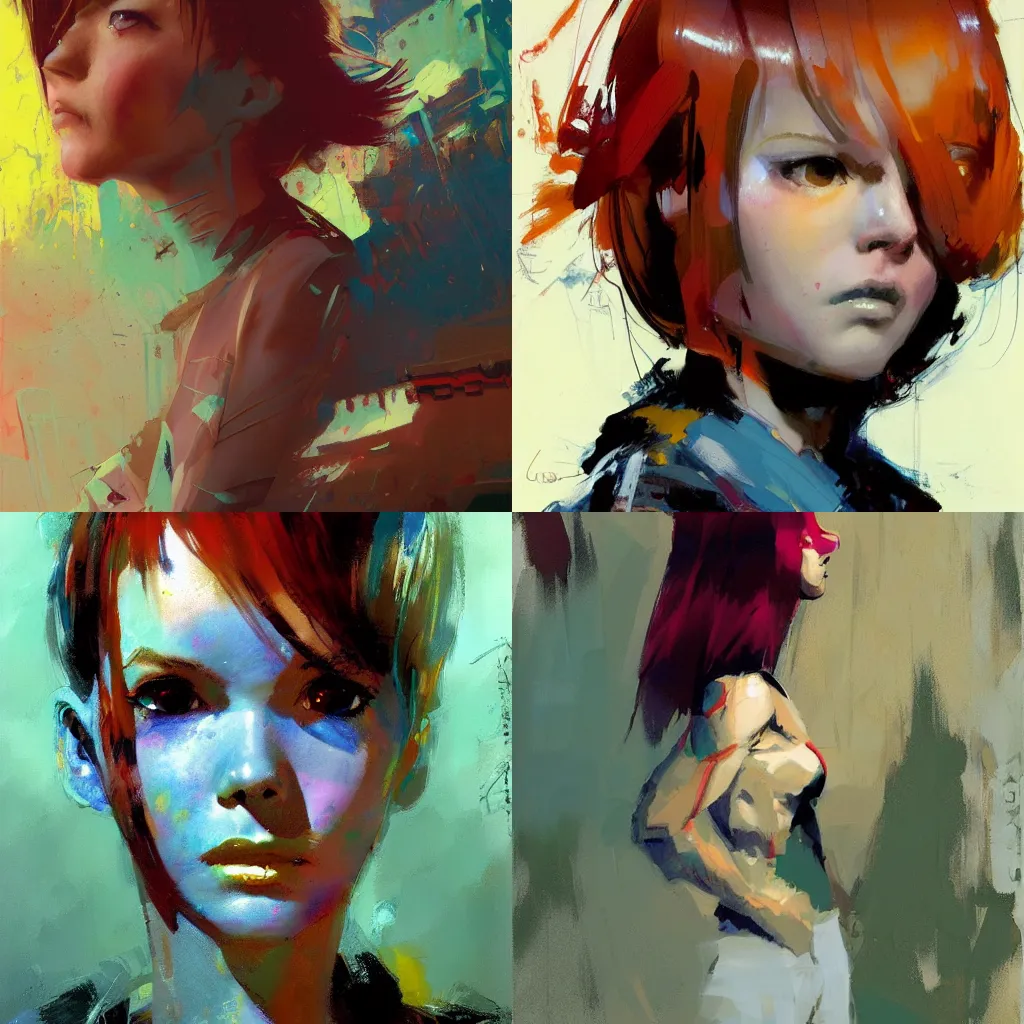 Prompt: Creepy colorful John Berkey portrait of crimson-haired anime tomboy by Craig Mullins, frontal view