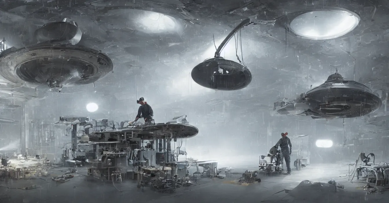 Prompt: engineer repairs secret flying saucer full of modern military equipment, in the laboratory full of tools and electronic machines, high details, volume raytracing fog, wet reflective ground, by james paick, by ilm, by digital domain, by weta digital