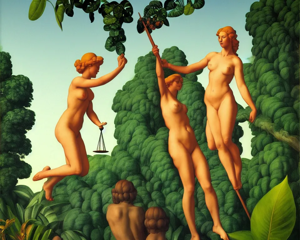 Image similar to lady justice in the jungle by raphael, hopper, and rene magritte. detailed, romantic, enchanting, trending on artstation.