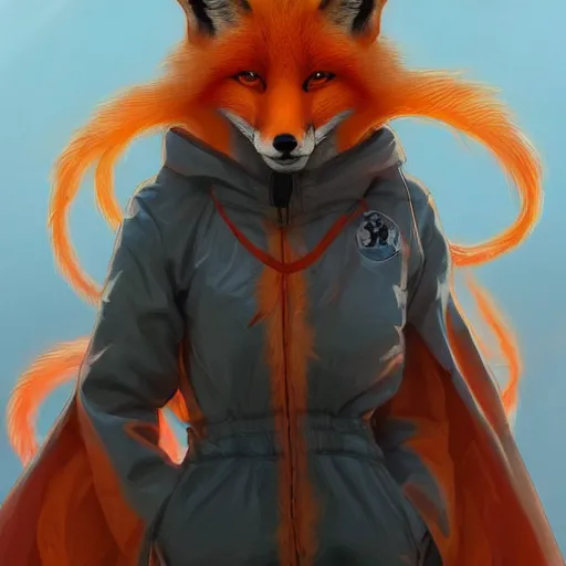 Prompt: japanese fox goddess, d & d, nine tails, orange and white color palette, wearing a hoodie, highly detailed, digital painting, artstation, concept art, sharp focus, illustration, cinematic lighting, art by artgerm and greg rutkowski and alphonse mucha