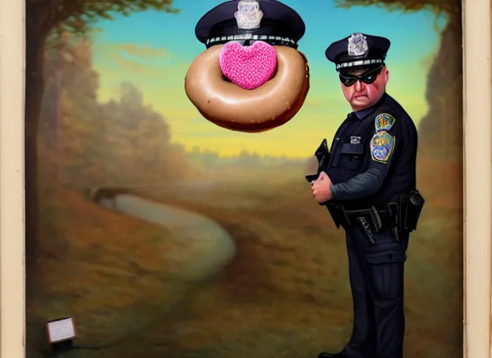 Prompt: a police officer with donut body, lowbrow, matte painting, 3 - d highly detailed, in the style of mark ryden,