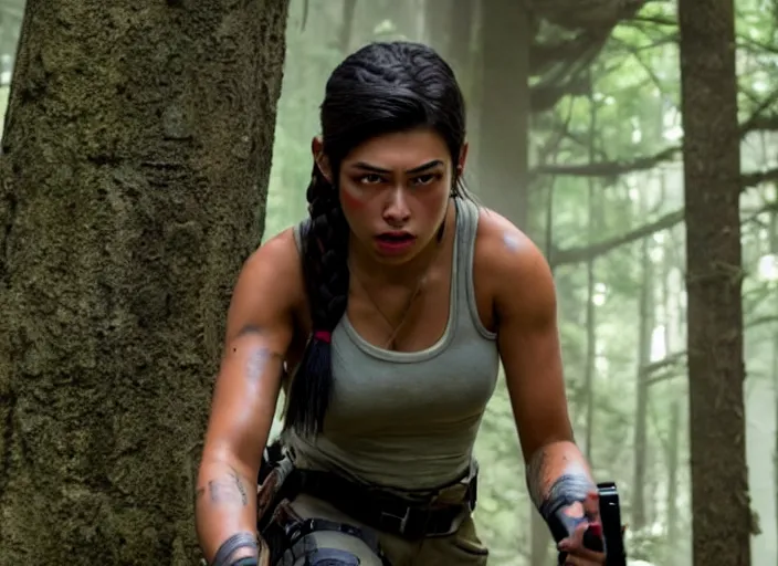 Image similar to film still of!!!! amber midthunder!!! as lara croft in new tomb raider movie, 8 k