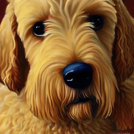 Prompt: portrait of a cute blond goldendoodle, high detail painting, award winning art, beautiful illustration, symmetry