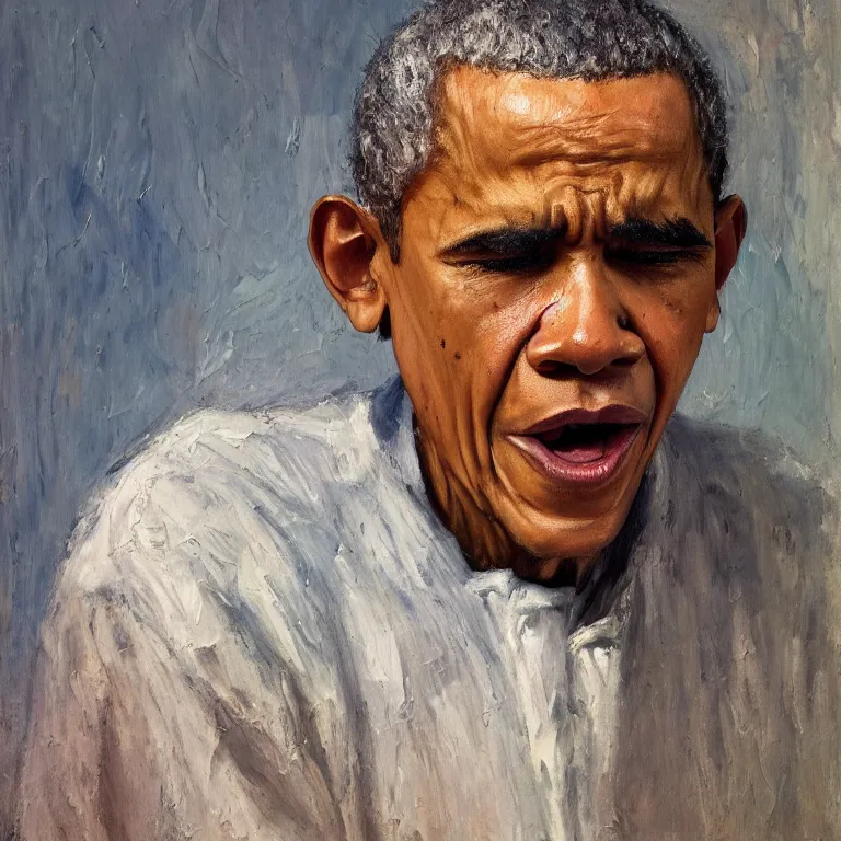 Image similar to warmly lit close up studio portrait of very old angry! Barack Obama age 115 angrily singing, impasto oil painting thick brushstrokes by Cy Twombly and Anselm Kiefer , trending on artstation dramatic lighting Expressionism