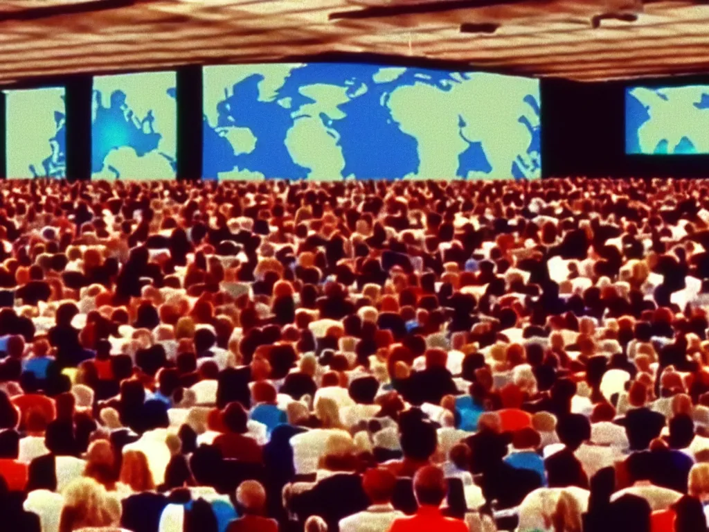 Image similar to vintage 90s VHS video still of a global world meeting, retro TV, noise, hue