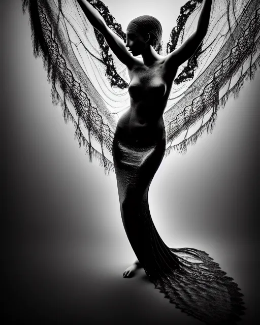 Image similar to surreal mythical dreamy dark artistic black and white fine art photo of a beautiful young female angel - mermaid - cyborg covered with translucent algae lace web, rim light, cinematic, studio dramatic light, poetic, octane render, 8 k, photo - realistic, by floria sigismondi