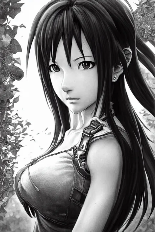 Image similar to highly detailed manga line art portrait of tifa from Final Fantasy, very detailed, realistic, by Stanley Artgerm Lau, greg rutkowski, thomas kindkade, alphonse mucha, loish, norman rockwell J.