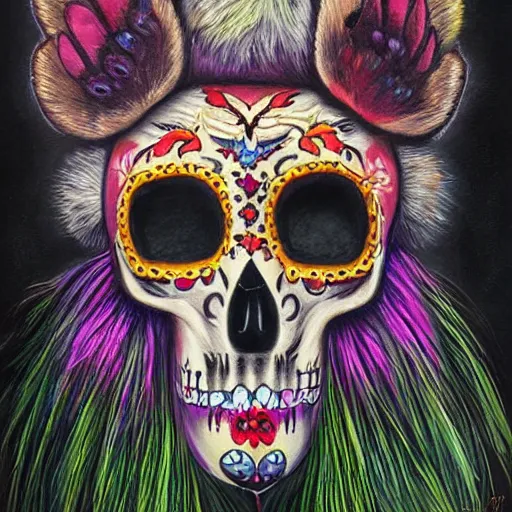 Prompt: a realistic portrait of dia de los muertos fox skull character wearing long fluffy furs, themed on a peacock, painting by jeff easley, stylized, black light, neon, black velvet, bowling alley carpet, dnd beyond, fae wilds sky