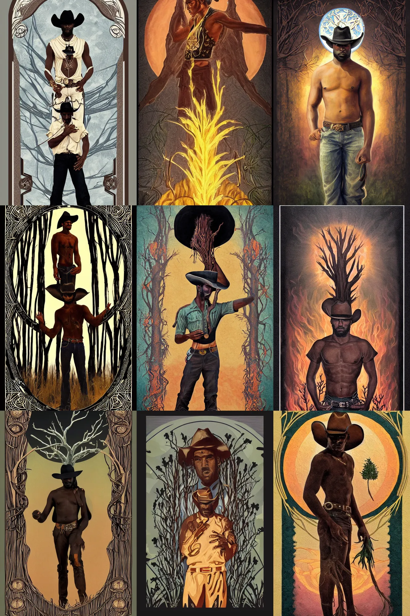 Prompt: a beautiful dramatic epic ethereal symmetrical painting of a cowboy with a tree growing from his cupped hands | he is dark skinned and wearing a cowboy hat | the background is flames | tarot card, art deco, art nouveau | by Mark Maggiori | trending on artstation