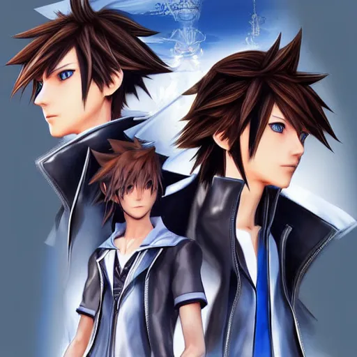 Prompt: a handsome slender wavy brown haired boy with blue eyes. kingdom hearts concept art. Square enix. Tetsuya Nomura. By Shigenori Soejima.