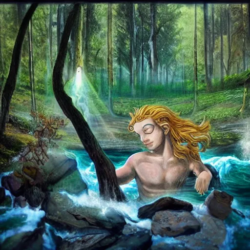 Image similar to greek gods, in forest, three eyed, wide wide shot, feet in water, colors, eyes in forehead, ground very detailed, wet eyes reflecting into eyes reflecting into infinity, beautiful lighting