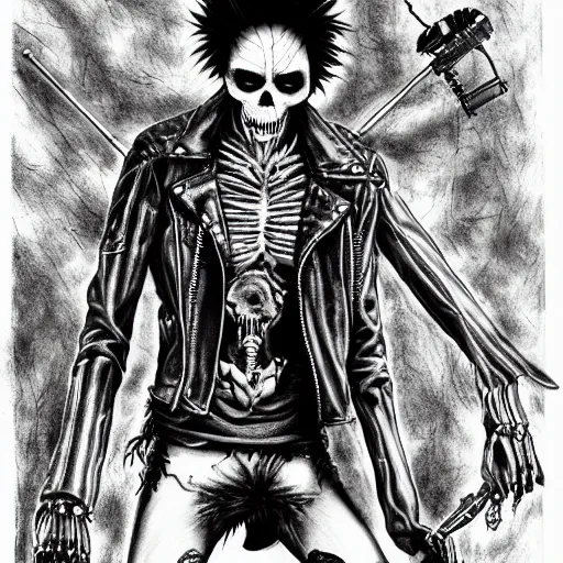 Prompt: a portrait of the grim reaper as a punk rocker playing an electric guitar, punk, skeleton face, mohawk, dark, fantasy, leather jackets, spiked collarsand wristbands, piercings, boots, ultrafine detailed pencil art on paper by frank frazetta and vito acconci and and takeshi obata, death note style, symetric body, sharp focus