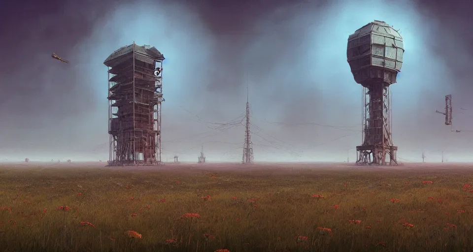 Image similar to One Derelict Radio Tower surreal landscape, rendered by zdzisław beksiński, simon stålenhag, Beeple, environment concept, digital art, starwars, unreal engine, 3 point perspective, WLOP, trending on artstation, low level, 4K UHD image, octane render,