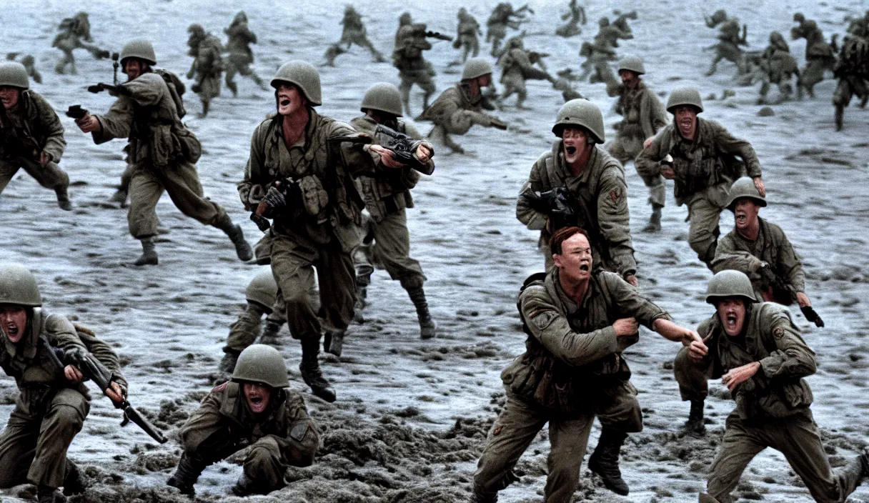 Image similar to Hollywood image of Matthew Lillard as shaggy from scooby doo, storming the beaches of Normandy, with soldiers by his side, saving private Ryan, 70mm film, HD, high detail, photorealistic, epic shot, Hollywood cinematic, Christopher Nolan