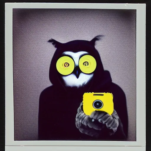 Image similar to surrealistic, anthropomorphic owl in a hoodie, holding polaroid camera, 8 0 s, polaroid photo, by warhol,