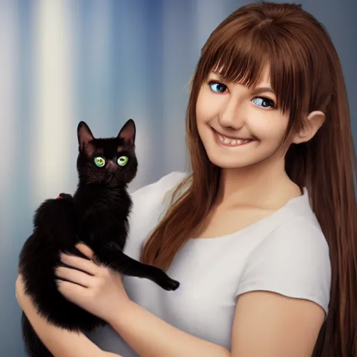 Image similar to a photorealistic girl holding an anime cat