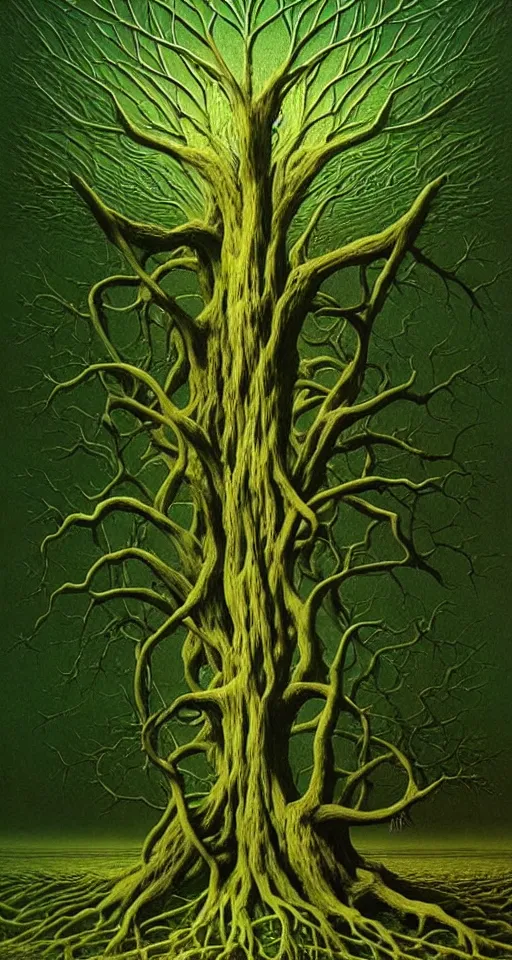 Image similar to 3d fractal wallpaper by zdzisław beksiński, green, roots, magic, tree!!!!!!!!!!!!!!!!!!!!!!!!!!!, dmt!!!!!!!!, tripy, psychedelic!!!!!!!!!!!!!!!!!!!!!, mandelbulb 3d, digital art, high details, depth of field, hard shadows, low lightning, trending on artstation, deviantart, octane render, HD, 8k, low light, black background, (((((((no glow)))))))