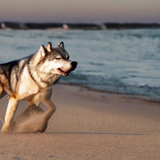 Image similar to professional photo of a shark body and canine wolf head half wolf half shark strange chimera discovered on the beach