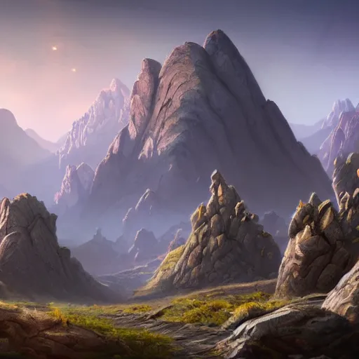 Image similar to The Sci-Fi stone landscape with large mountains in the background, wallpaper d&d art, fantasy, painted, 4k, high detail, sharp focus