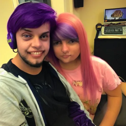 Image similar to my friend milan with a girl who has purple hair and plays video games, high details, fine face