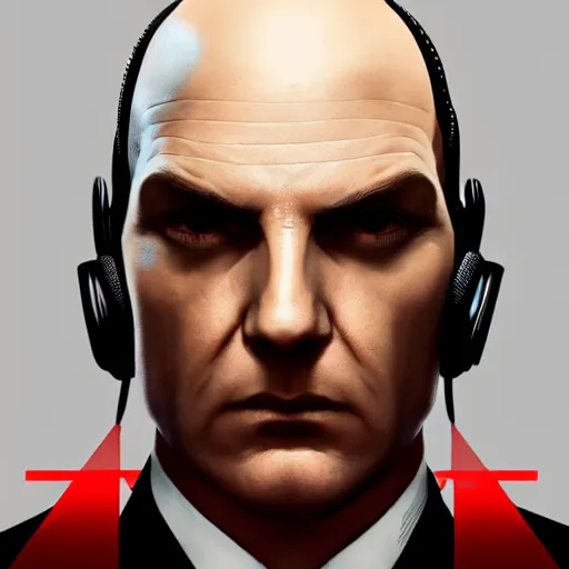 Image similar to a concept art portrait of agent 4 7 from hitman wearing headphones, dark background, red rim light, highly detailed, smooth, sharp focus, art by jason chan