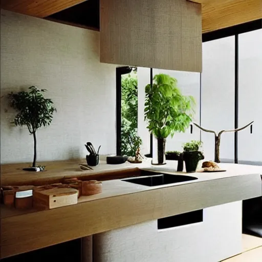 Prompt: “extravagant luxury modern kitchen, interior design, natural materials, potted plants, fresh vegetables, by Tadao Ando and Koichi Takada”