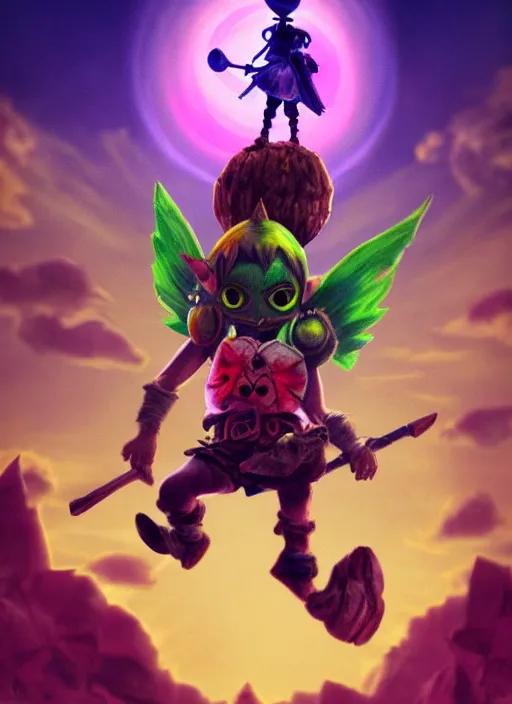 Prompt: skull kid from majoras mask floating in the air while looking at the viewer maniacally, legend of zelda fairy in the background, dramatic lighting, cinematic, film, dynamic pose, movie scene, colorful, dark art, concept art, 8K