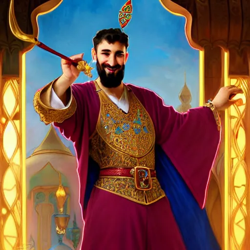 Image similar to charming tailor of middle - eastern descent, dressed in fine colorful robes and jewelry over fantasy armor, goatee, smirking, holding a magic needle, fantasy art by barret frymire by artem priakhin, art by artgerm and greg rutkowski and alphonse mucha, artstation, matte, illustration, intricate, highly - detailed high resolution