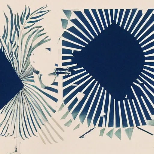 Image similar to A collage. A rip in spacetime. Did this device in his hand open a portal to another dimension or reality?! botanical illustration, dark blue by Lyubov Popova decorative