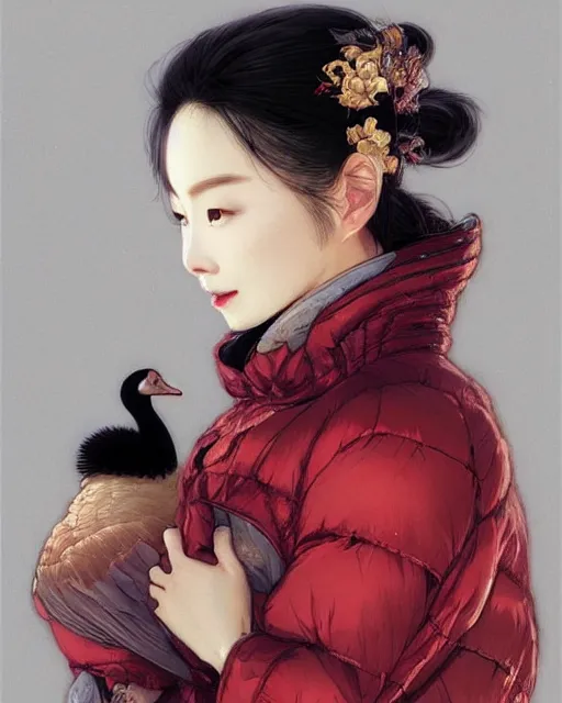 Image similar to a beautiful chinese woman in down jacket ， a goose ， winer ， wenjun lin intricate, elegant, highly detailed, digital painting, artstation, concept art, matte, sharp focus, illustration, hearthstone, art by artgerm and greg rutkowski and alphonse mucha