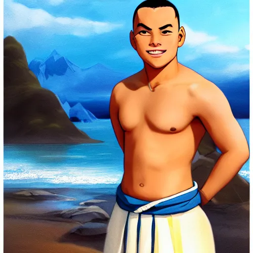 Image similar to beautiful serene intricate portrait of sokka from the water tribe as a young inuit man with blue eyes, smiling softly, relaxing on the beach, golden hour, soft focus, 8 k, art by irakli nadar, hyperrealism, hyperdetailed, ultra realistic