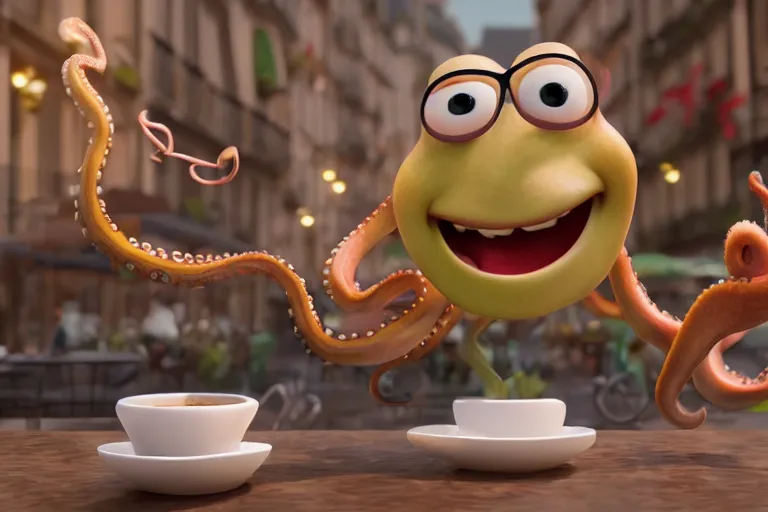 Prompt: Angry little octopus threaten with a fist when crawling out from a cup of coffee in beautiful morning café in Paris. Pixar Disney 4K 3d render funny animation movie Oscar winning trending on ArtStation and Behance. Ratatouille style