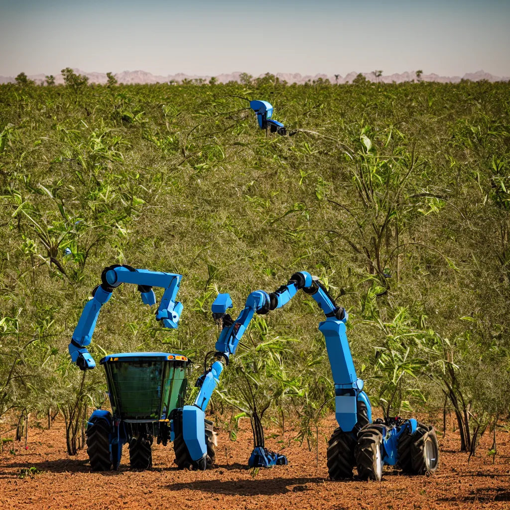 Image similar to robotic farming machinery maintaining a permaculture jungle in the desert, XF IQ4, 150MP, 50mm, F1.4, ISO 200, 1/160s, natural light