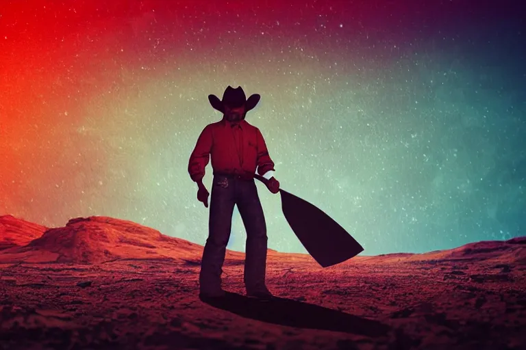 Image similar to wide shot of an old western cowboy digging with a shovel on mars, distant background, red lighting, ominous, gloomy, moonlight, bokeh, depth of field, synthwave, psychedelic, glitch, acrylic, flooko, detailed, cybernetic, sci-fi, glows,