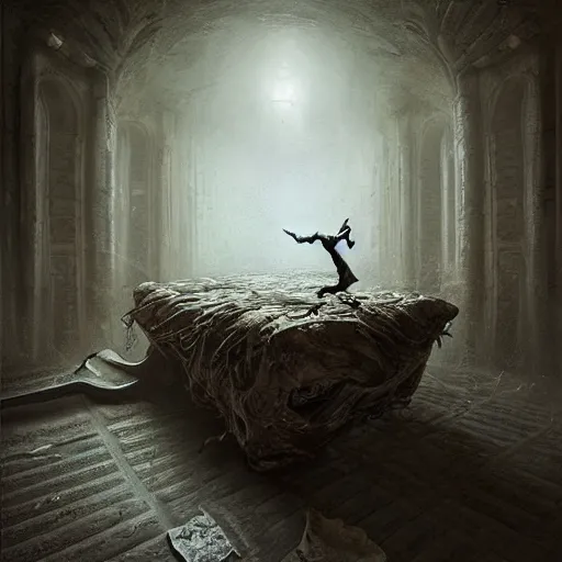 Image similar to michal karcz surrealism painting of the monster under your bed. , horror theme, detailed, elegant, intricate, 4k,