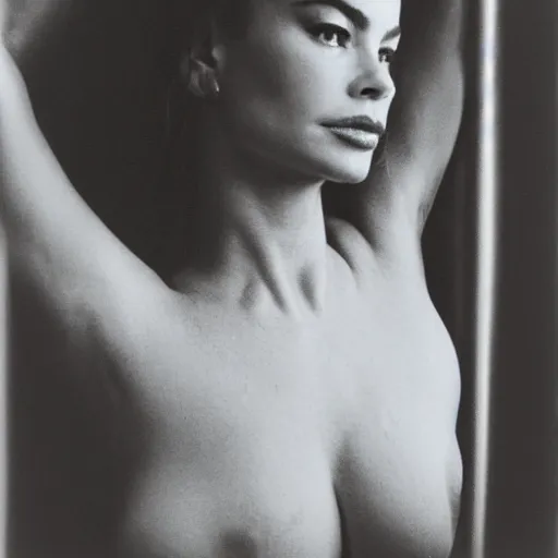 Image similar to Sofia Vergara. close up studio portrait. By Robert Mapplethorpe. Tri-x.