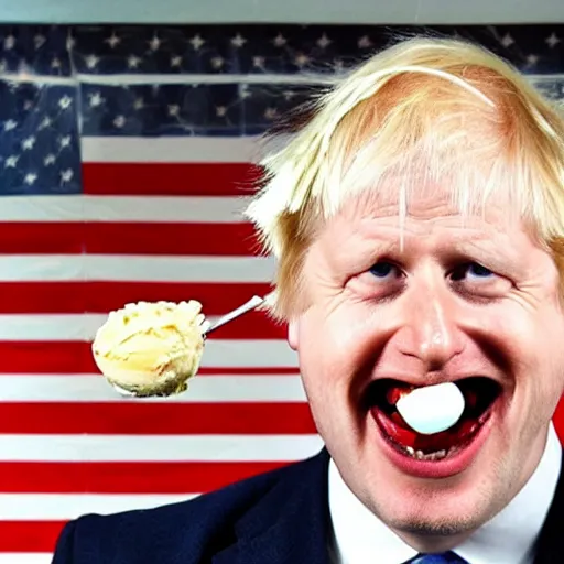 Prompt: boris johnson grinning and eating an ice cream on a hot summer day, patriotic dramatic angle, studio photography