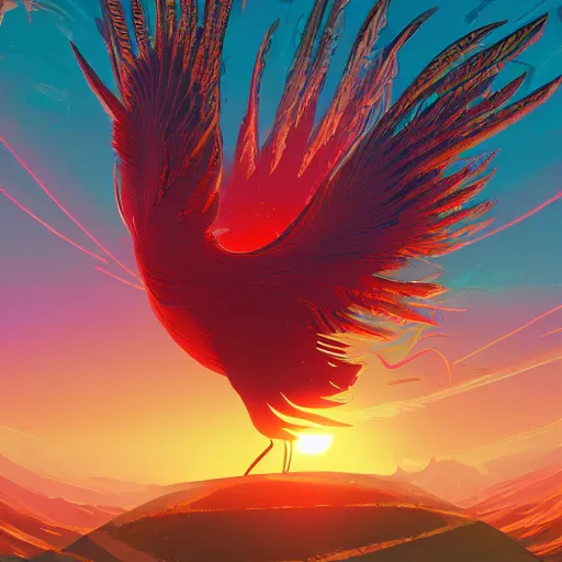 Image similar to the solarpunk phoenix, red bird, ornate egg, regeneration, landscape, epic composition, volumetric light, bokeh, painting by ilya kuvshinov and by makoto shinkai